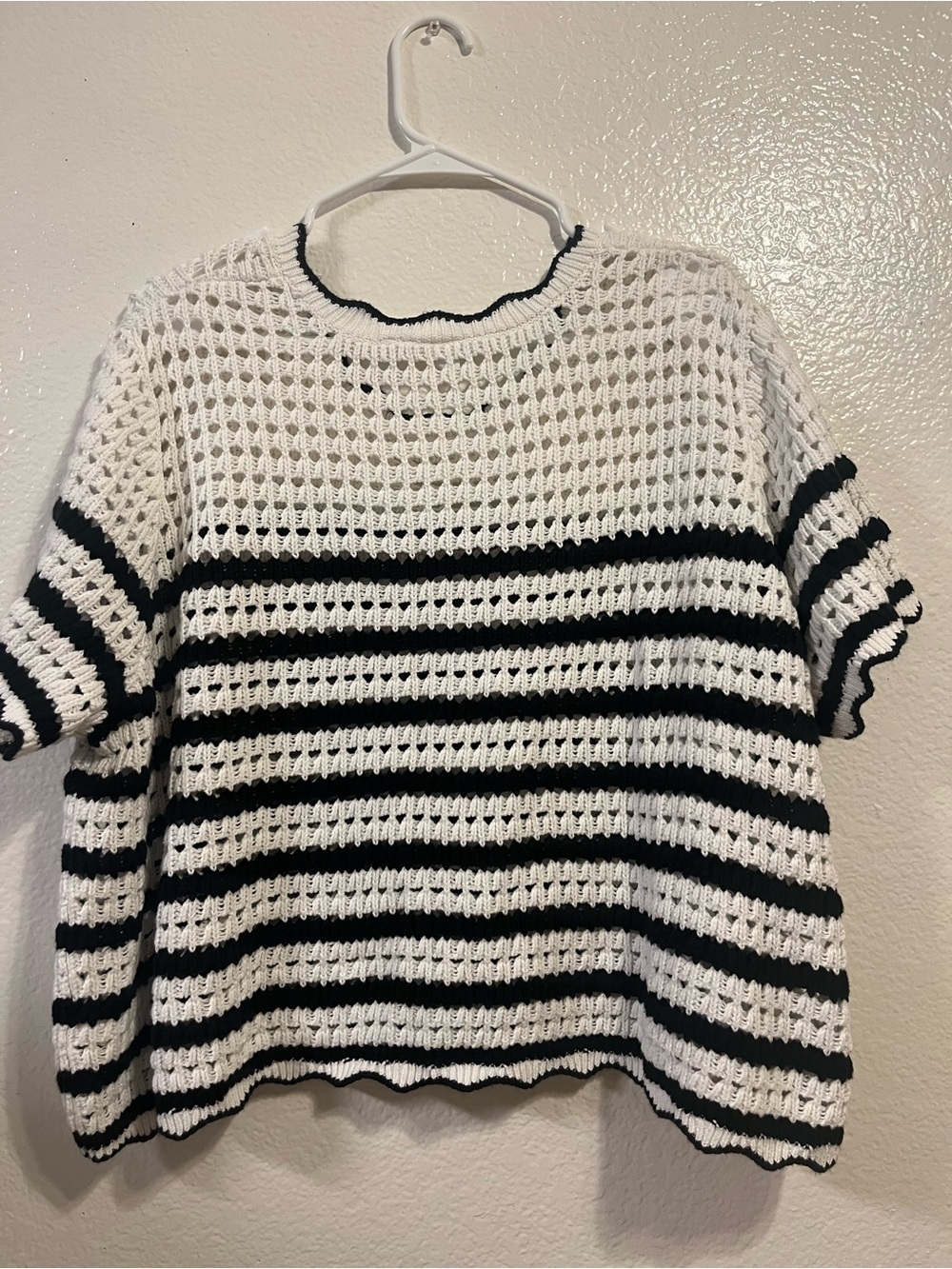 Gap Striped Short Sleeve Crochet Pullover Sweater White & Black XL